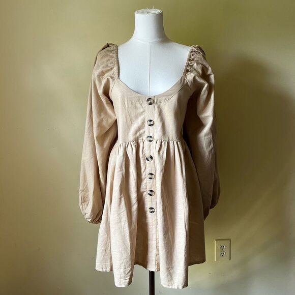 Bali‎ Elf NEW Chloie Empire Waist Linen Mini Dress Puff Sleeve Weekend Beige XL - Picture 1 of 9